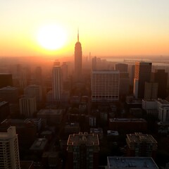 Obraz premium Sunrise cityscape with hazy skyscrapers.