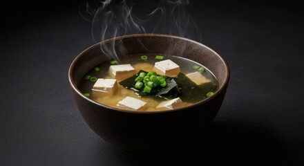 Bowl of steaming miso soup with tofu and seaweed