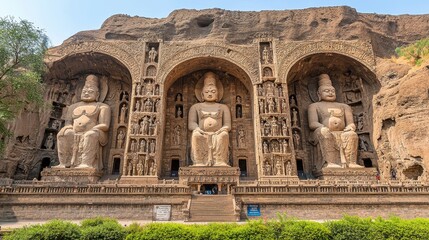 Fototapeta premium Three large stone statues are carved into a cliff face