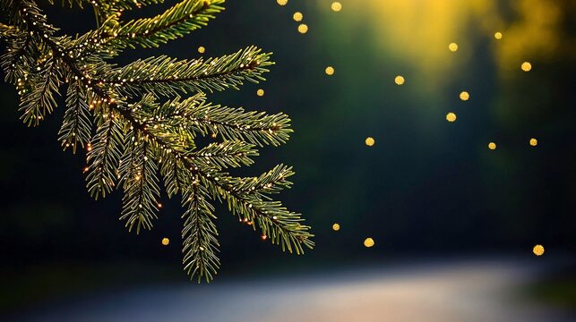 Dew-kissed pine branch, sunlit, bokeh background