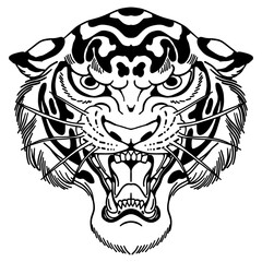 Roaring Tiger Head - Bold Black Line Vector Art