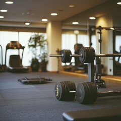 Naklejka premium Exercise equipment on gym floor, fitness station with training focus, health theme