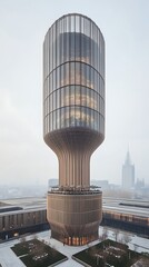 Fototapeta premium Modern cylindrical tower with city skyline.