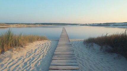 A long wooden boardwalk extends towards a calm body of water