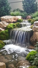 Fototapeta premium Waterfall cascading over rocks in garden