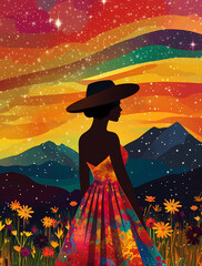 A beautiful black woman in colorful dress and hat standing against the backdrop of mountains, stars and flowers.