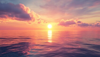 Fototapeta premium Sunset over calm ocean, vibrant clouds reflecting