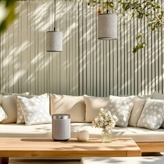 Cozy Outdoor Patio with Wooden Sofas, Geometric Cushions, and Elegant Decor