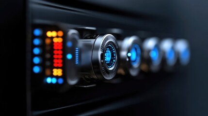 Futuristic server panel with glowing controls. Close-up view of advanced technology interface, showcasing intricate details of digital components, indicating high-performance computing