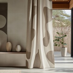 Abstract Beige and White Curtain in Living Room with Sofa and Potted Plant