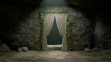 Cave entrance with draped fabric and foliage.  A mystical,  hidden passageway
