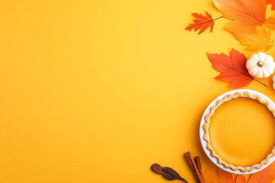 Fall themed arrangement featuring pumpkin pie and autumn leaves