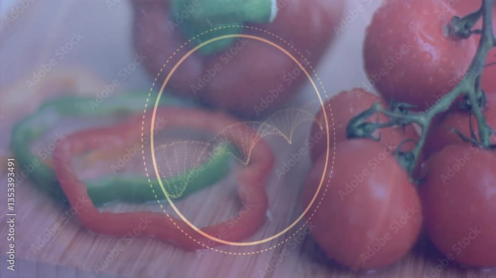 Poster fresh tomatoes and sliced peppers on cutting board with circular animation overlay