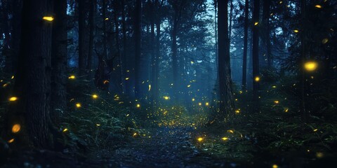 A dark, enchanted forest at night, with glowing fireflies and mysterious shadows
