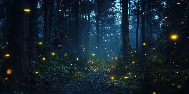 Fototapeta A dark, enchanted forest at night, with glowing fireflies and mysterious shadows