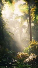 Lush jungle sunlight beams through misty foliage