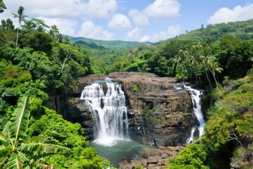 Fototapeta premium A beautiful waterfall cascades surrounded by lush tropical green foliage