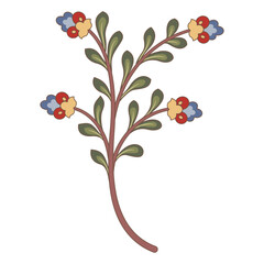 Stylized blooming branch with leaves and flowers. Medieval Middle East floral design. Isolated vector illustration.
