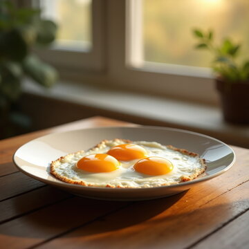 Warm Breakfast Scene with Sunny-side-Up Eggs and Morning Light. Generative AI