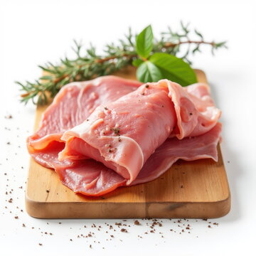 Fresh Raw Slices of Pork Meat on Wooden Board With Herbs. Generative AI