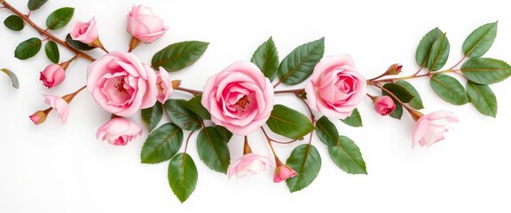 Delicate pink rose blossoms and lush green leaves isolated on pure white, closeup, spring