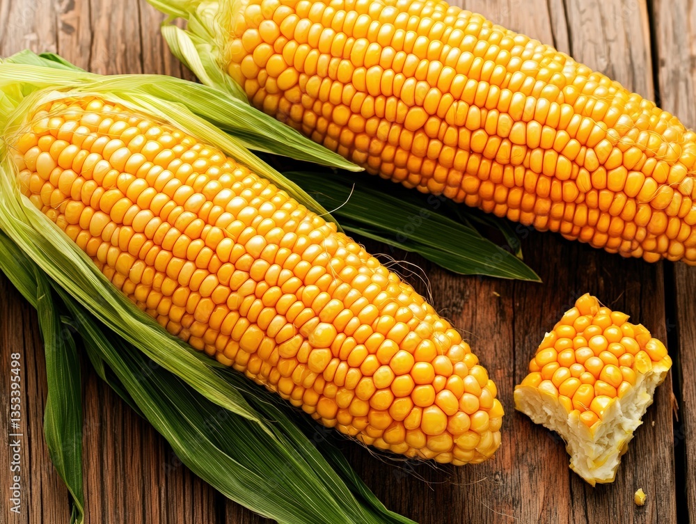 Poster two ears of fresh yellow corn on the cob in husks resting on a rustic wooden surface with a small pi