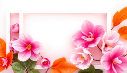 Delicate pink & white abstract floral banner; white frame, orange leaf texture, minimal, leaves