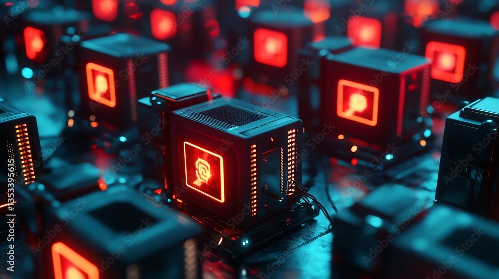 Poster cyberpunk network: glowing data cubes in a digital metropolis