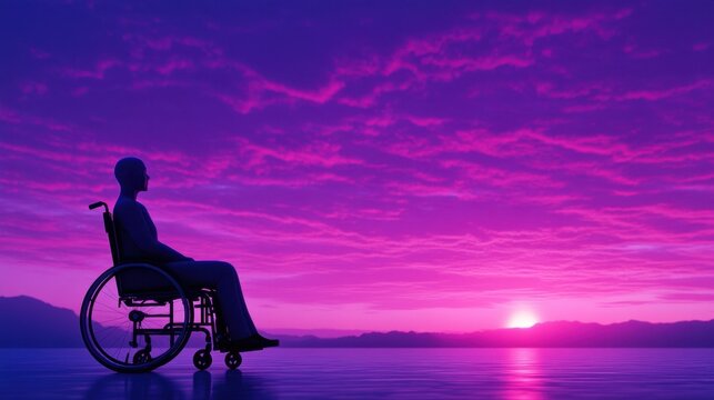 A bald woman sits in a wheelchair gazing at the ocean sunset, symbolizing resilience and strength in her cancer journey.