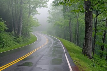 Obraz premium A winding road through lush green trees in a foggy morning
