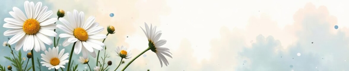 Naklejka premium Delicate white daisy flowers painted on a watercolor background, white, spring