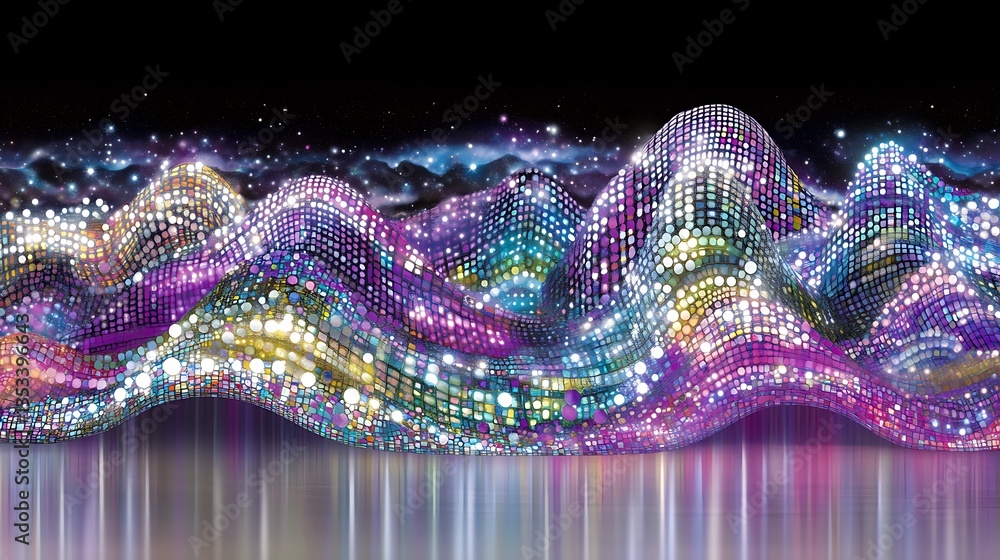 Poster abstract colorful wavy pattern with reflective surface and sparkles