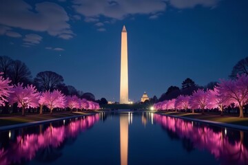 Obraz premium - Night view of Washington Monument surrounded by cherry blossom trees, tourism, nighttime, spring