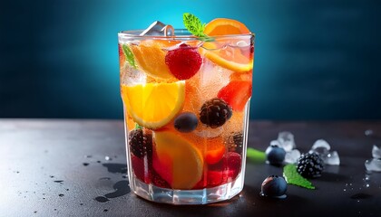 Vibrant Fruit Soda with Ice and Juicy Chunks in a Refreshing Glass