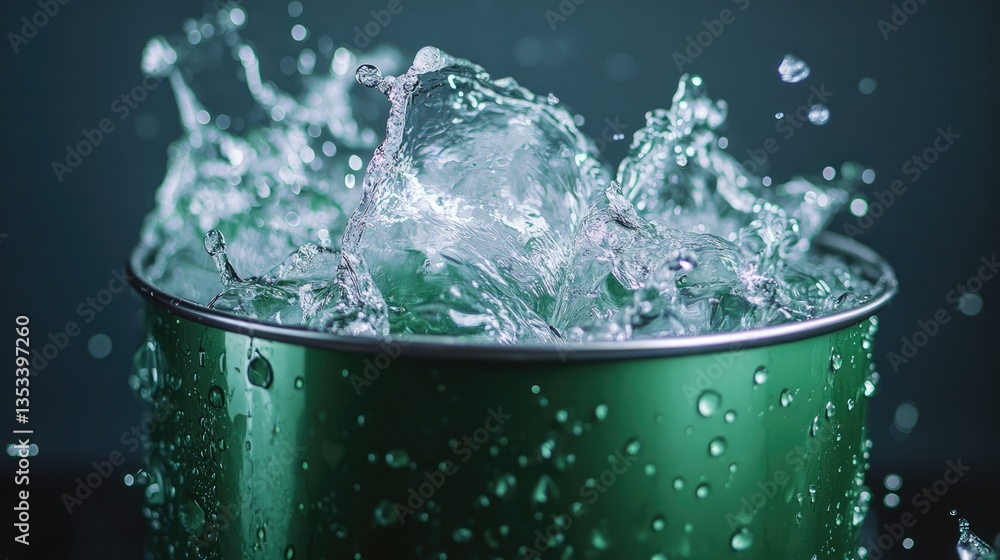 Poster ice cubes splashing in a metallic bucket, creating a refreshing scene with droplets in a cool, dark 
