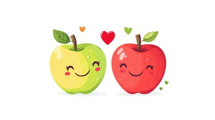 Cute cartoon apples, one green and one red, smiling at each other with hearts, perfect for a playful design