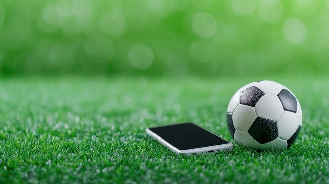 A football rests beside a modern smartphone on the lush green field, representing sports and technology integration.