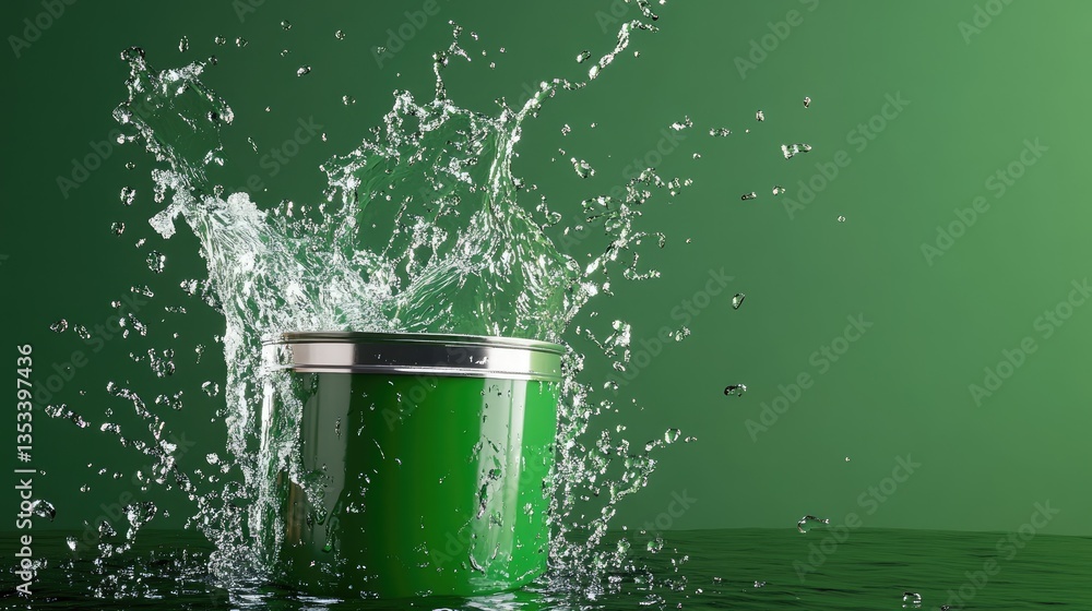 Poster a vibrant green paint bucket splashes water against a smooth surface, creating dynamic droplets in m