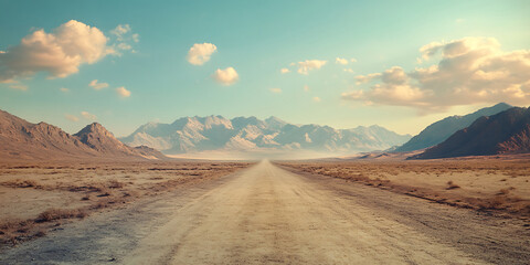 Naklejka premium Scenic Road Through Grasslands Leading to Majestic Mountains