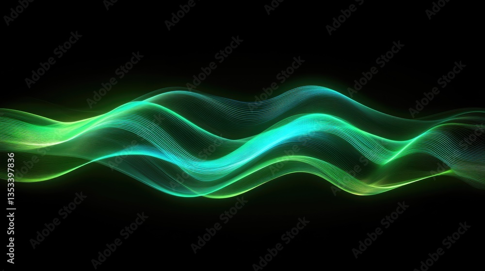 Poster abstract flowing waves of green and blue light create a dynamic visual effect on a dark background