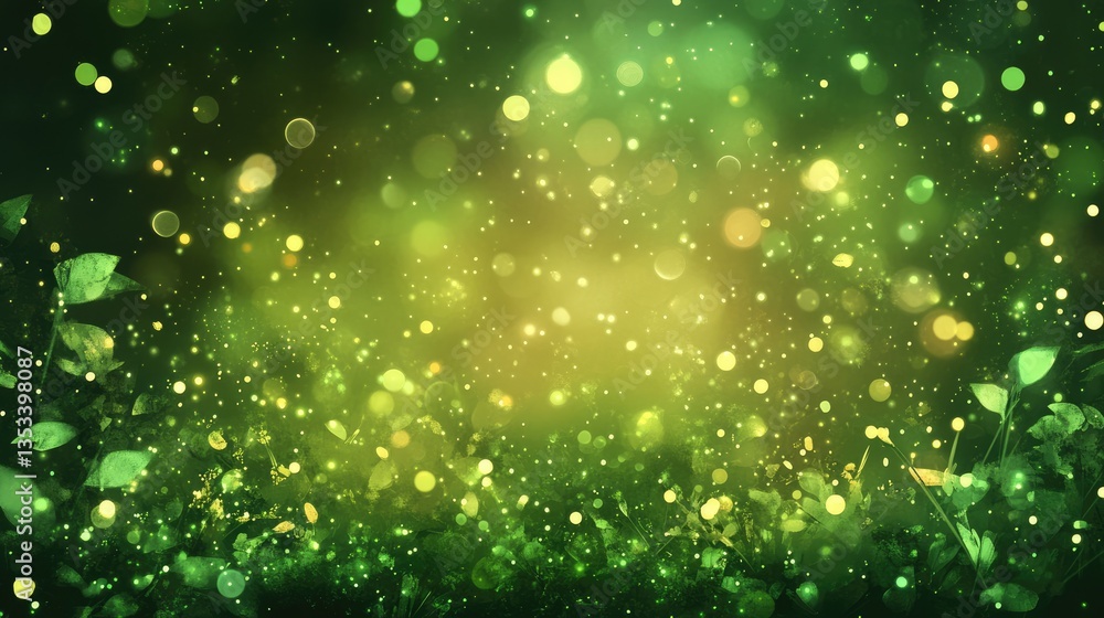 Poster lush green background with shimmering bokeh lights and vibrant foliage, creating a serene and enchan