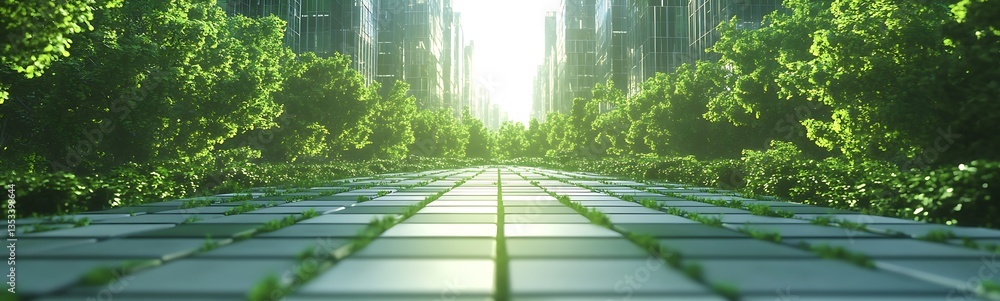 Poster futuristic cityscape with greenery and reflective surfaces, merging nature and architecture.