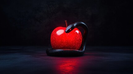 A striking red apple with a black snake coiled around it, glowing under eerie lighting.