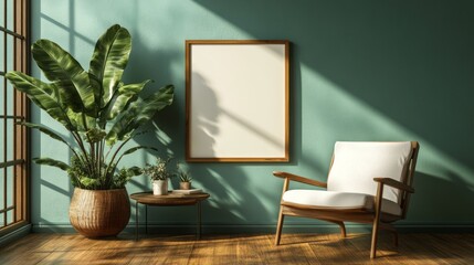 Interior scene displays a framed artwork chair and decorative plant