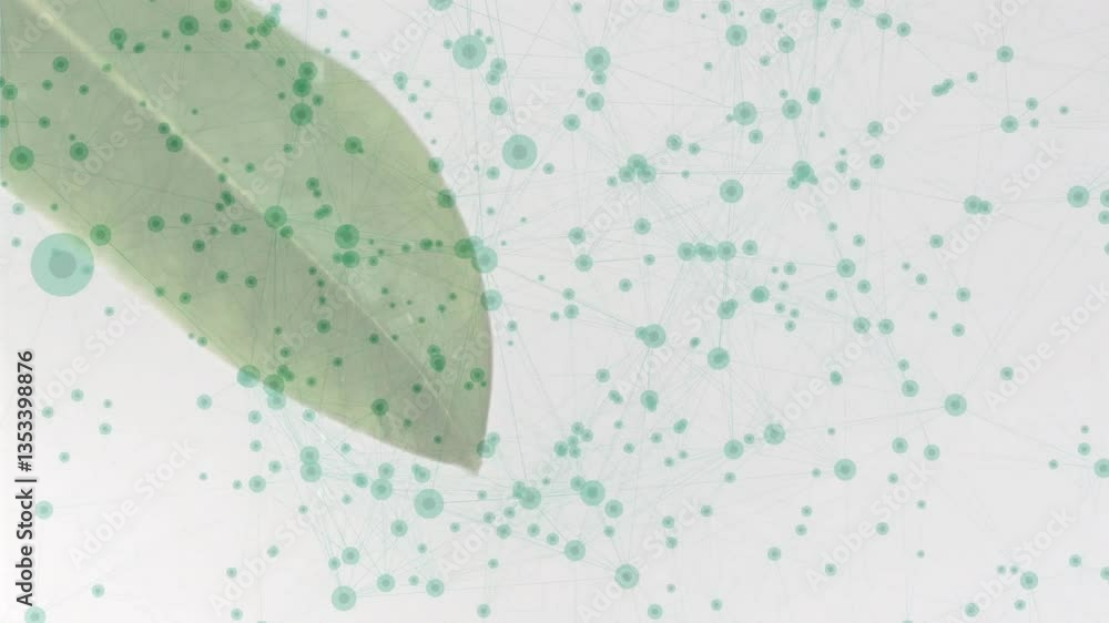 Poster animation of green leaf with network of interconnected dots and lines