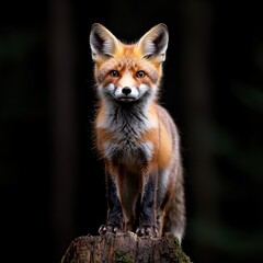 Fototapeta premium A majestic fox standing on a log, showcasing its vibrant orange fur in the forest.