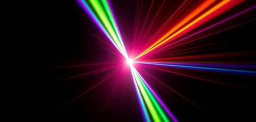 A vibrant rainbow laser beam explodes across a deep black background, graphic, design