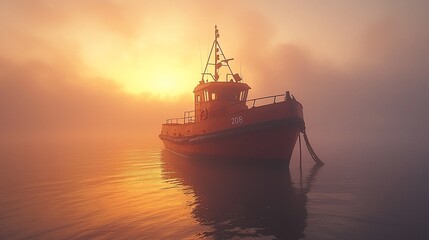 Orange tugboat at sunrise in foggy water.