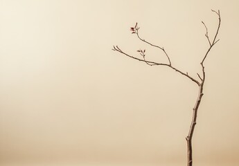 A slender branch with a few green leaves, blurred beige background, soft lighting, natural and serene atmosphere