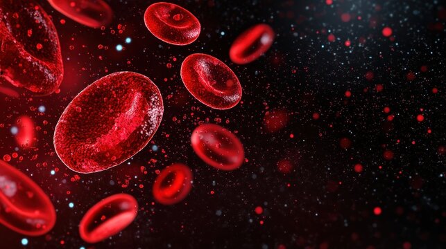 Abstract digital rendering of red blood cells encased in shimmering bubbles against a dark medical-themed background.